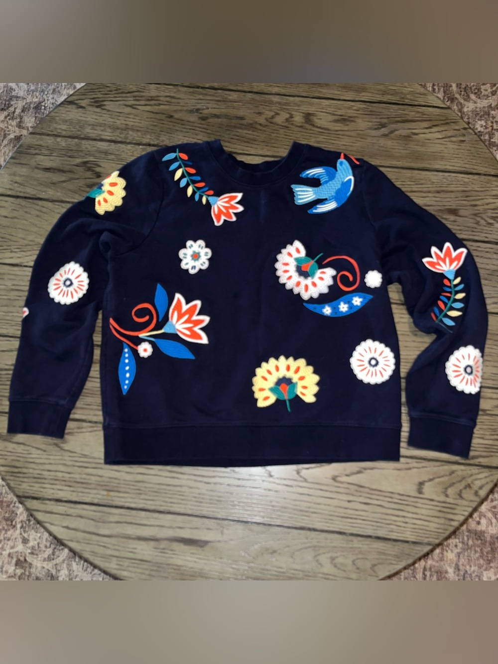 Boden Hannah Embroidered Sweatshirt Navy Blue Size Medium Floral Birds